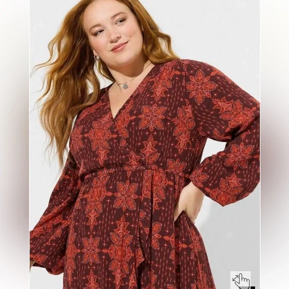 TORRID MIDI WASHABLE GAUZE RUFFLE SURPLICE NECK EMPIRE WAISTE DRESS WITH POCKETS - Picture 2 of 9